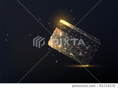 Concept of gold credit card in futuristic glowing low polygonal style on black backgound.  91219228