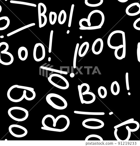 Seamless hand drawn black and white Halloween pattern with boo words cartoon ghost skull bones. Cute minimalist background for kids party invitation tesxtile wrapping paper. October nursery print. 91219233