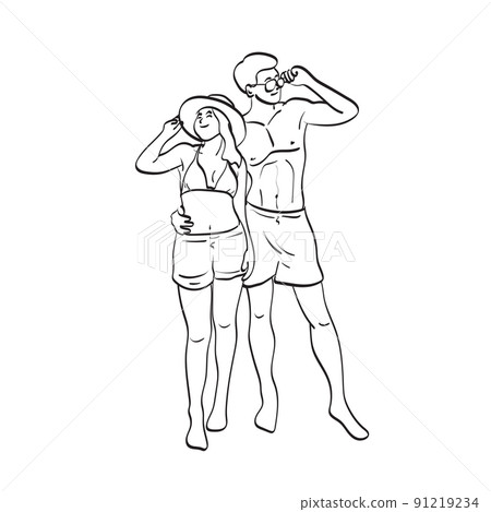 lover couples in summer time illustration vector hand drawn isolated on white background line art. 91219234
