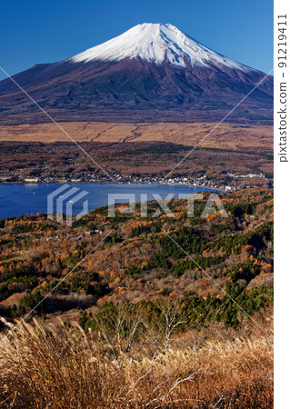 Mt. Fuji and Lake Yamanaka seen from Mt. Ohira in late autumn 91219411