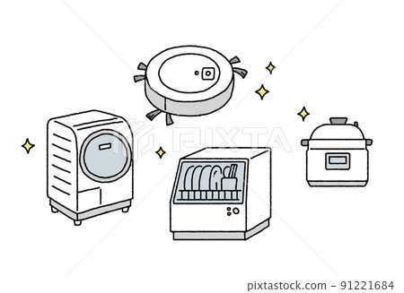 Simple touch, set illustration of time-saving home appliances, washing machine, robot vacuum cleaner, dishwasher Simple touch, set illustration of time-saving home appliances, washing machine, robot vacuum cleaner, dishwasher 91221684