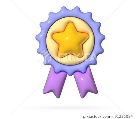 Winner medal with ribbon in 3d cartoon style. Award rosette badge render. Soft pop vector design element 91225084