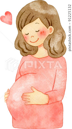 孕婦（上身）撫摸她的大肚子的插圖 91225132
