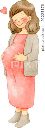Illustration of a pregnant woman (whole body) stroking her big stomach 91225176