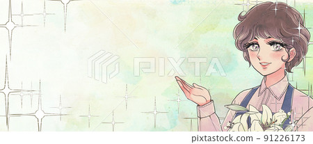 昭和女孩卡通插圖橫幅，美麗的女人與鮮花 91226173
