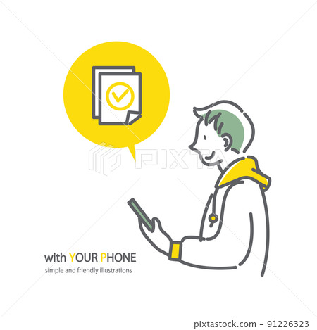 A young man who does simple procedures with a smartphone Simple and fashionable line drawing Irasu 91226323