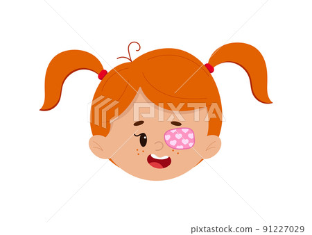 Amblyopia eye patch on girl face isolated on white background. 91227029