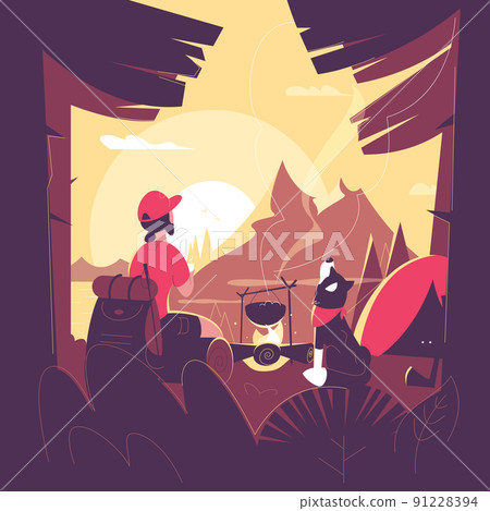 A man with a dog is sitting by the fire in the forest. Camping and travel vector illustration. Beaitiful sunrise morning landscape. A man with a dog is sitting by the fire in the forest. Camping and travel vector illustration. Beaitiful sunrise morning landscape. 91228394