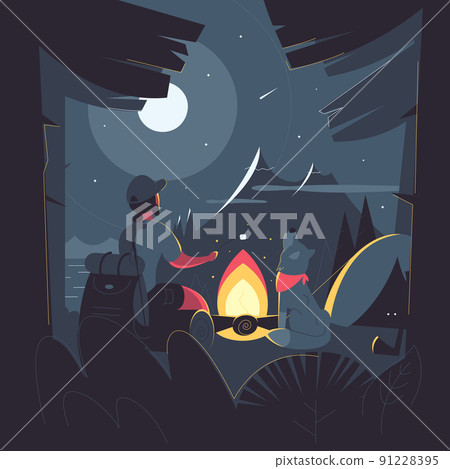 A man with a dog is sitting by the fire in the forest. Camping and travel vector illustration. Beaitiful moonlight night landscape. 91228395