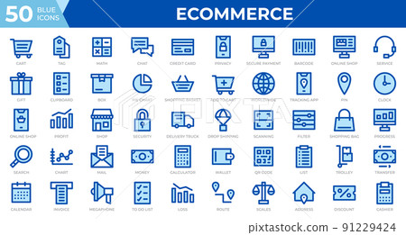 Set of 50 Ecommerce web icons in line blue style. Credit card, profit, invoice. Outline icons collection. Vector illustration 91229424