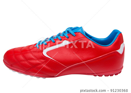 red football boots with blue laces, on a white background red football boots with blue laces, on a white background 91230368