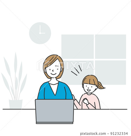 A girl talking to her mother doing remote work 91232334