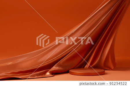 Beige pastel podium with pink flying fabric, cloth background Beige pastel podium with pink flying fabric, cloth background 91234522