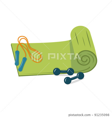 Mat with dumbbells and jump rope for sports fitness and tourism, vector illustration isolated on white background 91235098