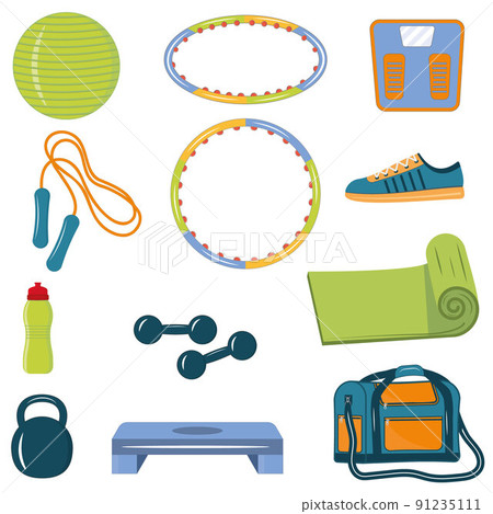 Set of sports items for fitness and sports, color isolated vector illustration 91235111