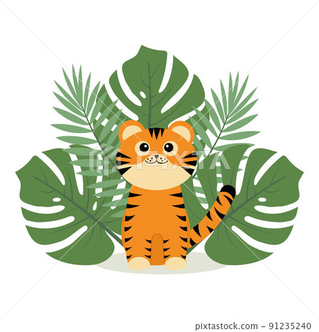 little tiger cub on a background of tropical leaves, color isolated vector illustration in cartoon style little tiger cub on a background of tropical leaves, color isolated vector illustration in cartoon style 91235240