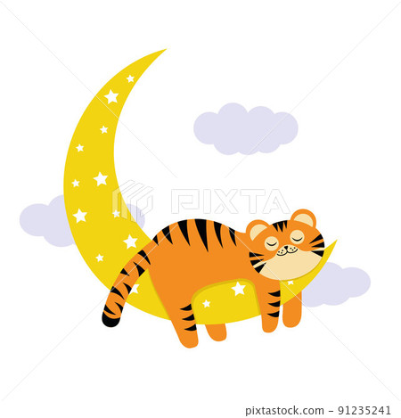 little tiger cub sleeping on the moon, color isolated vector illustration in cartoon style little tiger cub sleeping on the moon, color isolated vector illustration in cartoon style 91235241