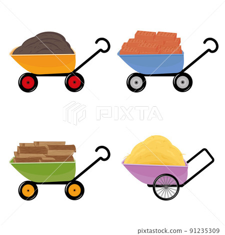Set of Wheelbarrow with various materials brick, hay, firewood and earth, vector isolated illustration Set of Wheelbarrow with various materials brick, hay, firewood and earth, vector isolated illustration 91235309