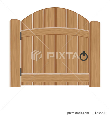 Old wooden massive closed gates, vector illustration. Double door with iron handles and hinges 91235510