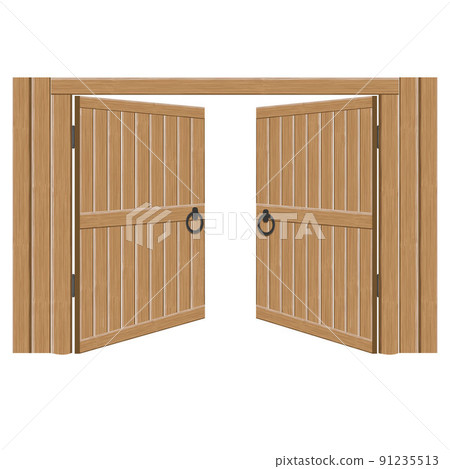 Old wooden massive open gates, vector illustration. Double door with iron handles and hinges Old wooden massive open gates, vector illustration. Double door with iron handles and hinges 91235513