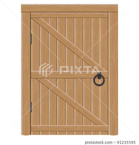Old wooden massive closed gates, vector illustration. Double door with iron handles and hinges Old wooden massive closed gates, vector illustration. Double door with iron handles and hinges 91235595