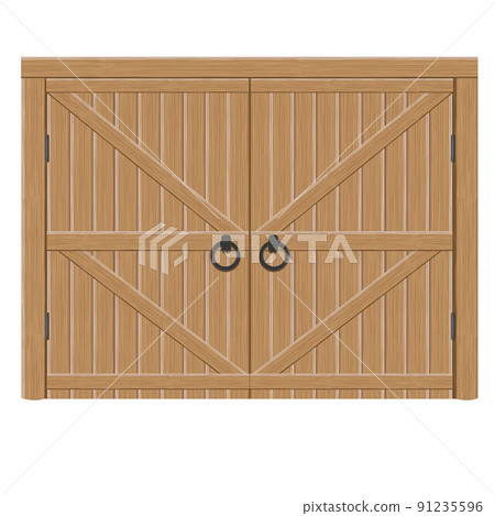 Old wooden massive closed gates, vector illustration. Double door with iron handles and hinges Old wooden massive closed gates, vector illustration. Double door with iron handles and hinges 91235596