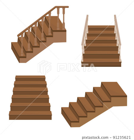 Wooden staircase to the porch - a staircase to enter the house with decorative wooden railings Wooden staircase to the porch - a staircase to enter the house with decorative wooden railings 91235621
