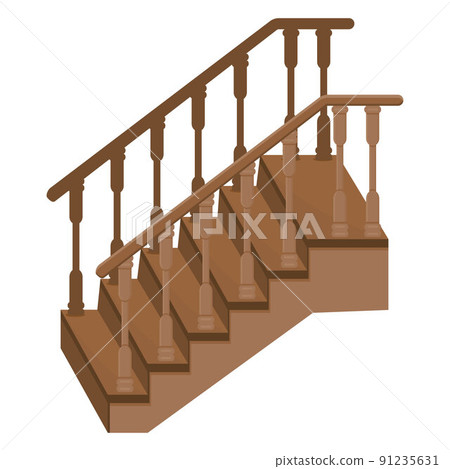 Wooden staircase to the porch - a staircase to enter the house with decorative wooden railings 91235631