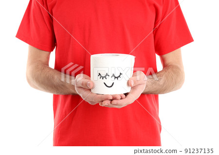 Man holds toilet paper, isolated on white background. Hemorrhoids concept Man holds toilet paper, isolated on white background. Hemorrhoids concept 91237135