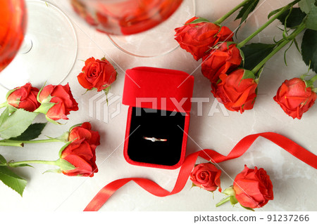 Concept of wedding accessories with wedding ring, close up 91237266