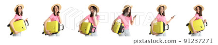 Set of woman with luggage bag isolated on white background Set of woman with luggage bag isolated on white background 91237271
