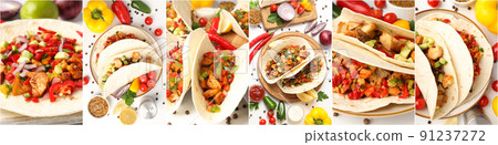 Collage of photos with taco dish, different angle 91237272