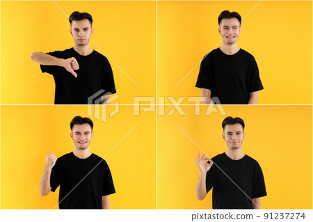 Collage of attractive guy on yellow background 91237274