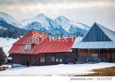 Folk architecture of the distinctive village of Zdiar with a pan 91237507