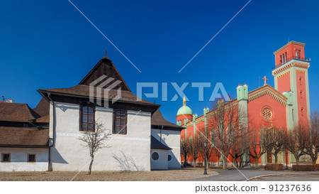 Wooden articular church in historic centre of Kezmarok town, Slo 91237636