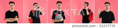 Collage of attractive male student on pink background Collage of attractive male student on pink background 91237710