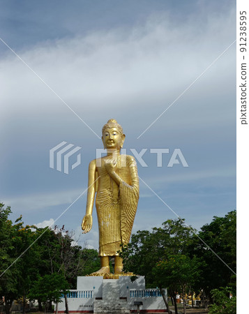 Golden buddha stand in garden of tree green leaves on blue sky background, Wat Phai Rong Wua at Suphanburi Province Golden buddha stand in garden of tree green leaves on blue sky background, Wat Phai Rong Wua at Suphanburi Province 91238595