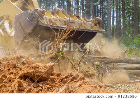 Backhoe for forestry work during clearing forest for new development construction 91238680