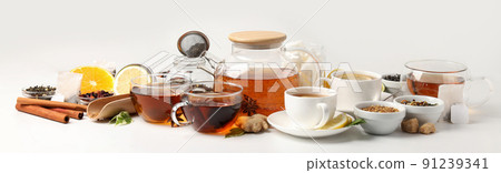 Concept of hot drink with tea on white background Concept of hot drink with tea on white background 91239341