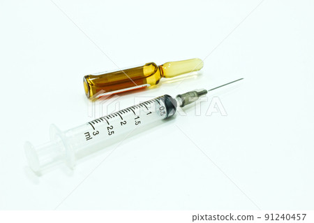 3 ml Plastic Syringe with Ampule of Drug Isolated on the White Background 91240457