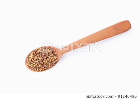 Spoon of buckwheat tea isolated on white background Spoon of buckwheat tea isolated on white background 91240480