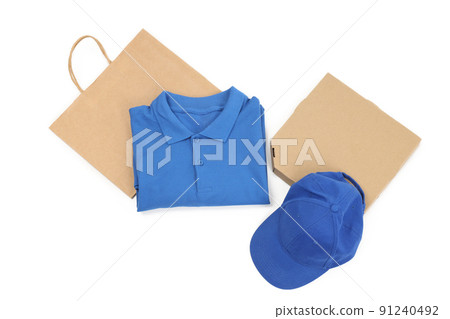 T-shirt, cap, bag and pizza box isolated on white background T-shirt, cap, bag and pizza box isolated on white background 91240492