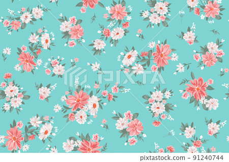 Modern floral background with natural flowers on greensward for digital background and apparel in millefleur style ,botanical vector template Modern floral background with natural flowers on greensward for digital background and apparel in millefleur style ,botanical vector template 91240744