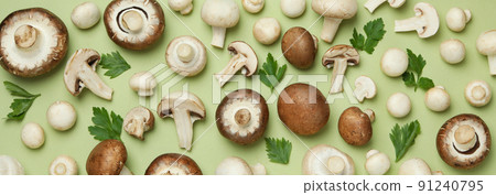 Concept of tasty food with mushroom on green Concept of tasty food with mushroom on green 91240795