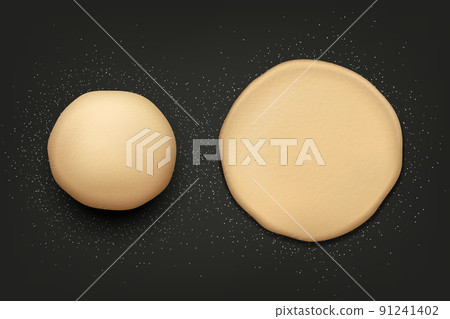 Vector 3d Realistic Fresh Raw Bread or Pizza Dough Pastry Ball Isolated. Mixing Dough with Flour. Template for Baking, Pizza, Biscuits, Bread, Baking Design. Bakery, Kitchen Concept. Top View 91241402