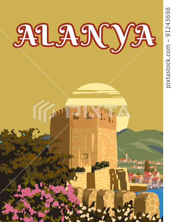 Retro Poster Alanya landmark, Turkey resort, sunset skyline. Vintage travel postcard, placard, vector 91243698