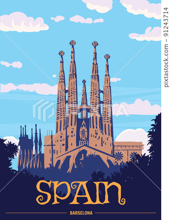 Travel Poster Spain, Barcelona Vintage. Sagrada Familia Gaudi Basilica of Spain, sunset sky. Vector illustration 91243714