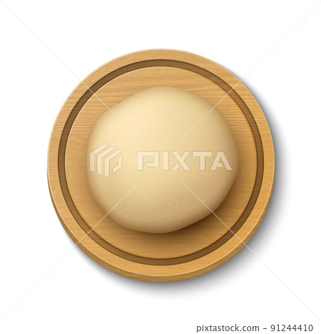 Vector 3d Realistic Raw Bread, Pizza Dough Pastry Ball, Round Wooden Cutting Board Isolated. Mixing Dough, Flour. Template for Baking, Pizza, Biscuits, Bread Design. Bakery, Kitchen Concept. Top View 91244410