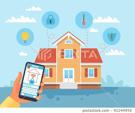 Smart home. Automation temperature, heating. Control security, surveillance and lighting, screen smartphone and wireless connections with icons. Modern house vector cartoon flat concept Smart home. Automation temperature, heating. Control security, surveillance and lighting, screen smartphone and wireless connections with icons. Modern house vector cartoon flat concept 91244950