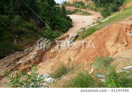 Erosion on the ground and slopes is caused by rainwater. The soil structure becomes weak and there is a landslide. Safety measure has been taken in some area. Erosion on the ground and slopes is caused by rainwater. The soil structure becomes weak and there is a landslide. Safety measure has been taken in some area. 91245490